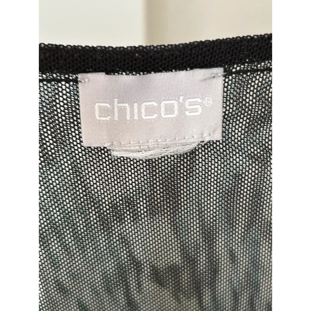 Chicos Mesh Open Front Cardigan Blue Teal Abstract Print Long Sleeve Top M L